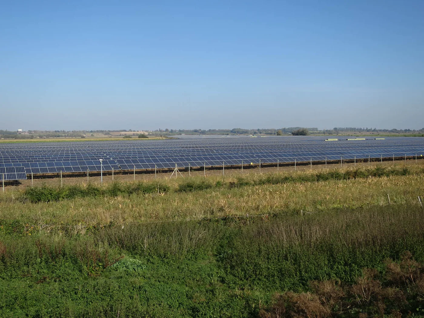 An operating field-scale solar farm elsewhere in England. Nothing has been built at Fitzwalters Farm